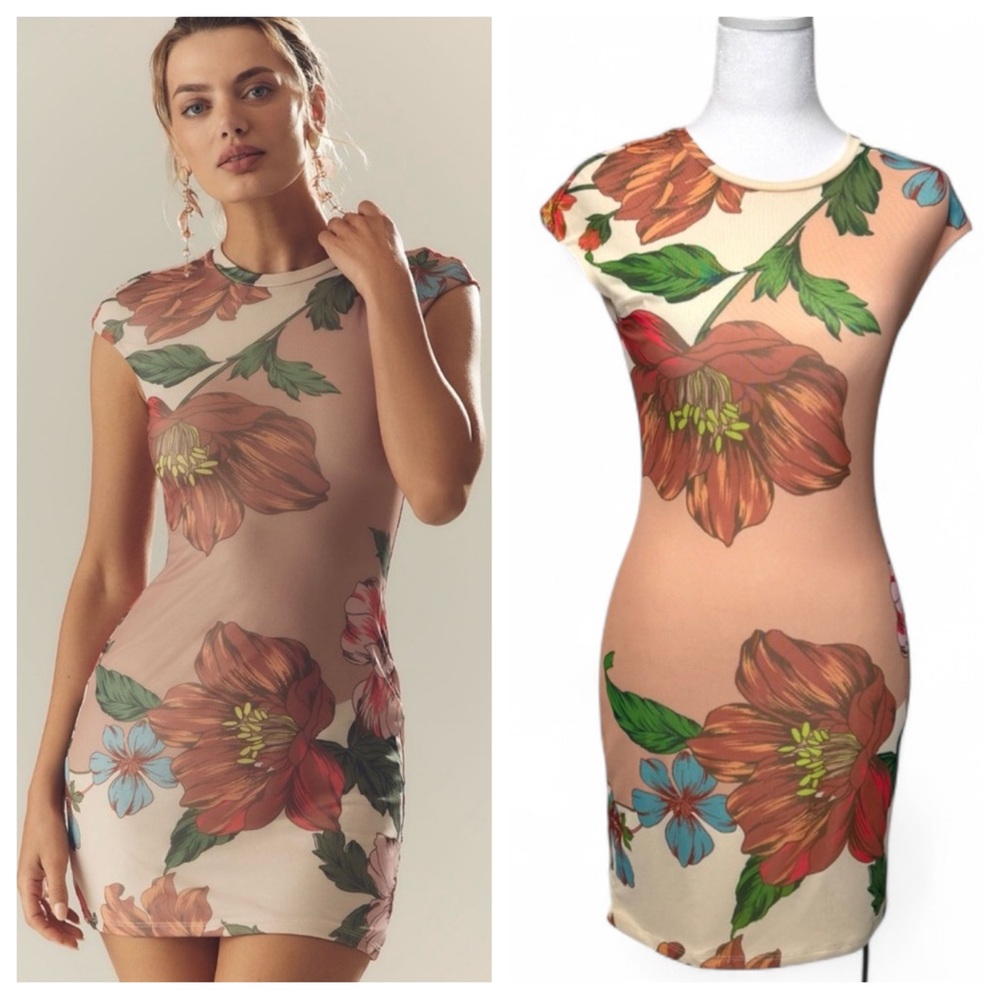 Anthropologie Coquette AFRM Nude Floral Mesh Bodycon Mini Dress NWT S Sexy Girly